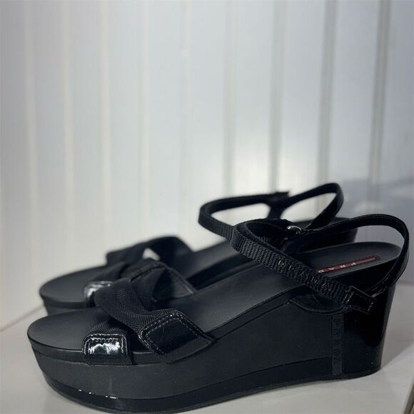 Prada Sport Black Wedge Sandals 40.5 Strappy Platform Hook & Loop Designer Shoes - Picture 3 of 11